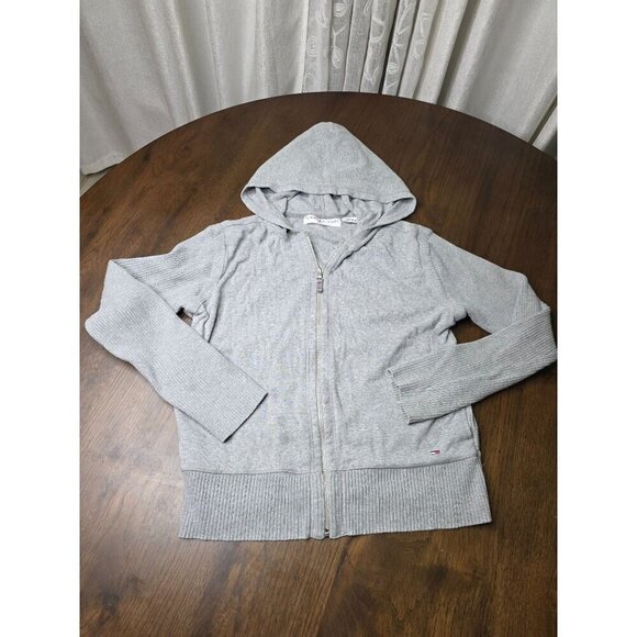 Tommy Hilfiger Women's Gray Cotton Hoodie Knit Sleeve Full-Zip Sweater Large - Picture 3 of 14